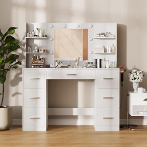 Table de maquillage avec éclairage LED et prise de courant, 7 tiroirs et 6 <span class=keywords><strong>étagère</strong></span>s de rangement, table de toilette pour chambre à coucher - Product Image 3