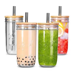 Wieder verwendbarer Stroh-Smoothie-Glas becher Stroh becher Bubble Tea Milk Fruit-Trinkbecher Klarer Einmach becher mit Holzdeckel