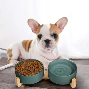 Ceramic Bowl Pets Customized Modern Style Designer Porcelain Pet Bowl Raised Luxury Ceramic Pet Cat Dog Bowl With Stand Wooden Frame