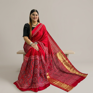 Sari de Seda Modal Ajrakh Hecho a Mano con Estampados Tradicionales, Moda Étnica India, Venta al Por Mayor - Product Image 2