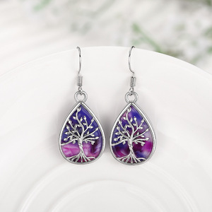 Orecchini viola a goccia con design albero della vita, lega placcata argento con intarsio in resina, gioielli di moda in stile bohémien da donna - Product Image 1
