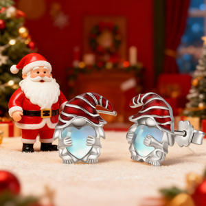 Boucles d'oreilles clous en argent 925 blanc champagne, motif gnome de dessin animé avec cœur en strass de cristal, pour usage quotidien, bijoux unisexes mignons - Product Image 3