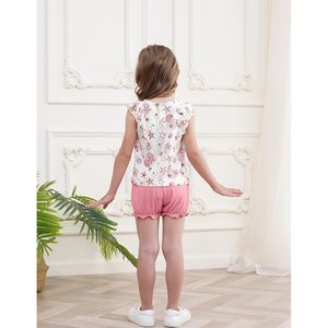 Ensemble Pyjama d'été pour Filles : Haut en Coton à Volants Floraux et Short Vert, Sans Manches, Respirant, Tenue de Nuit et d'Intérieur pour Enfants - Product Image 3