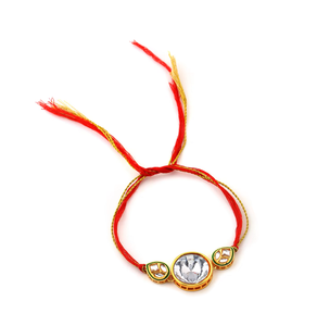 Designer Kundan Rakhi for Brother <b>Red</b> Gold Thread <b>Bracelet</b> Traditional Raksha Bandhan Gift - Product Image 2