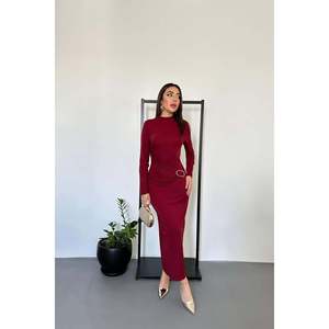 Robe de soirée bordeaux en gros avec ceinture à boucle élégante - Product Image 5