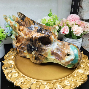 Teschi artigianali a testa di drago di grandi dimensioni teschi di drago lucidi amazzonite intagliati teschi di drago per decorazione di cristallo intagliato a mano - Product Image 5