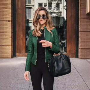 Manteau <span class=keywords><strong>en</strong></span> similicuir uni à col montant - <span class=keywords><strong>Veste</strong></span> <span class=keywords><strong>en</strong></span> PU zippée ajustée pour <span class=keywords><strong>femme</strong></span> pour l'automne et l'hiver - Product Image 1
