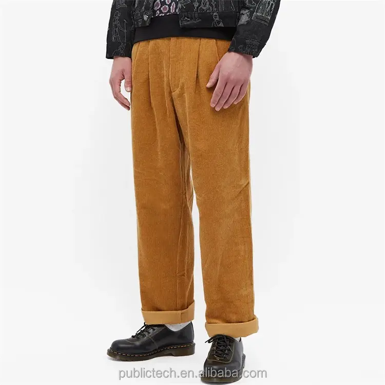 Custom 100% Cotton front pleat relaxed fit corduroy chino pants for men