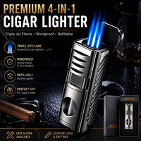Briquet à cigares portable 4-en-1 à triple flamme, torche rechargeable avec coupe-cigares en V, poinçon et support à cigares, coffret cadeau de luxe
