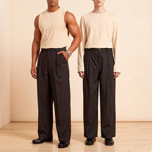 <span class=keywords><strong>Pantalon</strong></span> <span class=keywords><strong>de</strong></span> Costume Formel Plissé à Rayures Classiques Vintage pour <span class=keywords><strong>Homme</strong></span>, Coupe Ample Décontractée, Style Élégant, avec Fermeture Éclair et Jambes Larges, Personnalisable OEM - Product Image 1