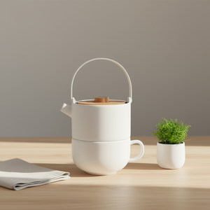 Tetera de cerámica Tea For One Umea con tapa y asa de madera para preparar una sola taza - Product Image 3