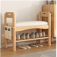 Banc à chaussures rustique en bois massif avec accoudoirs, banc de rangement à 2 niveaux en cuir PU pour entrée et couloir, banc multifonctionnel