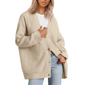 เสื้อคาร์ดิแกนไหมพรมผ้าสแปนเด็กซ์/คอตตอนสำหรับผู้หญิงสไตล์ลำลอง ดีไซน์คอวี ทรงเข้ารูป ยับยาก ระบายอากาศได้ดี พร้อมโลโก้ด้านหน้า สำหรับฤดูใบไม้ร่วง - Product Image 4