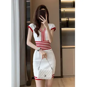 Summer new style sleeveless vest long skirt striped sexy long skirt knitted waist slimming dress