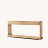 Table console scandinave en chêne clair de qualité supérieure, deux tiroirs cannelés, poignées dorées, pieds latéraux robustes, durable, pour salon et entrée, OEM/ODM