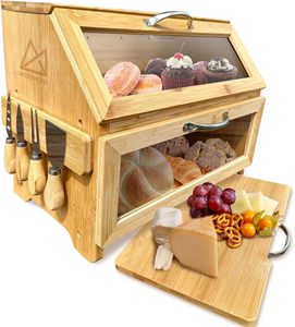 Bread Box for Kitchen Counter | Wood Breadbox 7 Piece Set with Magnetic Knife Strip, Cheese Tools and Bamboo Cutting Board | Fre