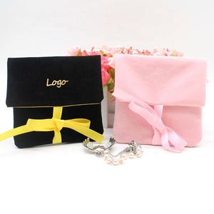 Pochette à bijoux en velours double couche avec logo personnalisé et ruban, sac recyclable pour colliers et bagues, pour emballage cadeau - Product Image 2