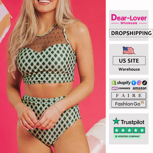 Sevgili-Aşk Toptan Moda Noktalı File Ekose Patchwork Yüksek Bel Bikiniler Kadınlar İçin - Product Image 1