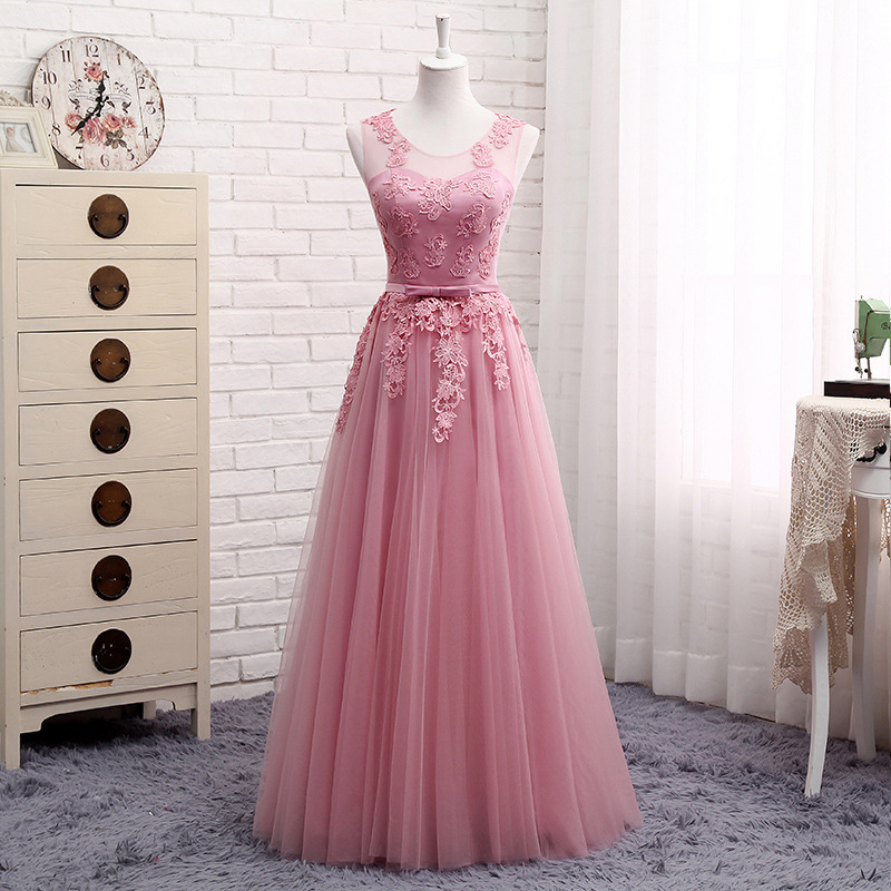 Pink and Gray Lace Bridesmaid Gowns - Sleeveless Tulle A-Line Dresses in Champagne Color, Vintage Floral Style Pink and Gray Lace Bridesmaid Gowns - Sleeveless Tulle A-Line Dresses in Champagne Color, Vintage Floral Style