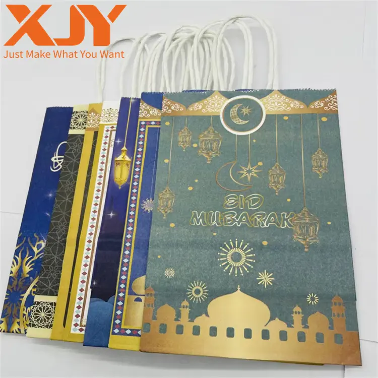 XJY Logotipo Personalizado impressão Ramadan estilo Saco De Papel com etiqueta de impressão etiqueta Islam Eid Mubarak Ramadan Gift Packaging Paper Bag