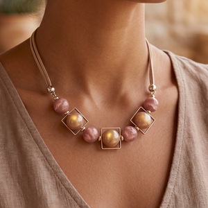 Geometric Imitation Pearl <b>Statement</b> <b>Necklace</b> Women's Gold Plated Alloy Chain Square Bezel Setting Everyday Wear - Product Image 1