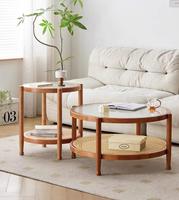 Nouvelle conception de meubles de salon modernes nordiques en bois massif et rotin, table basse ronde à plateau en verre réglable en hauteur