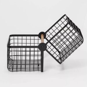 Hình chữ nhật màu đen kim loại 2-in-1 lưu trữ Organizer đầy màu sắc <span class=keywords><strong>wicker</strong></span> dây giỏ với gỗ xử lý cho nhà bếp hoặc sử dụng Quà Tặng - Product Image 3
