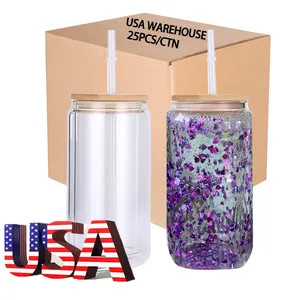 USA Mazoho/20oz Doppelwandige Sublimation becher Glas dosen form Hitze presse Klar bedruckte Schneekugel mit Deckel und Strohhalm