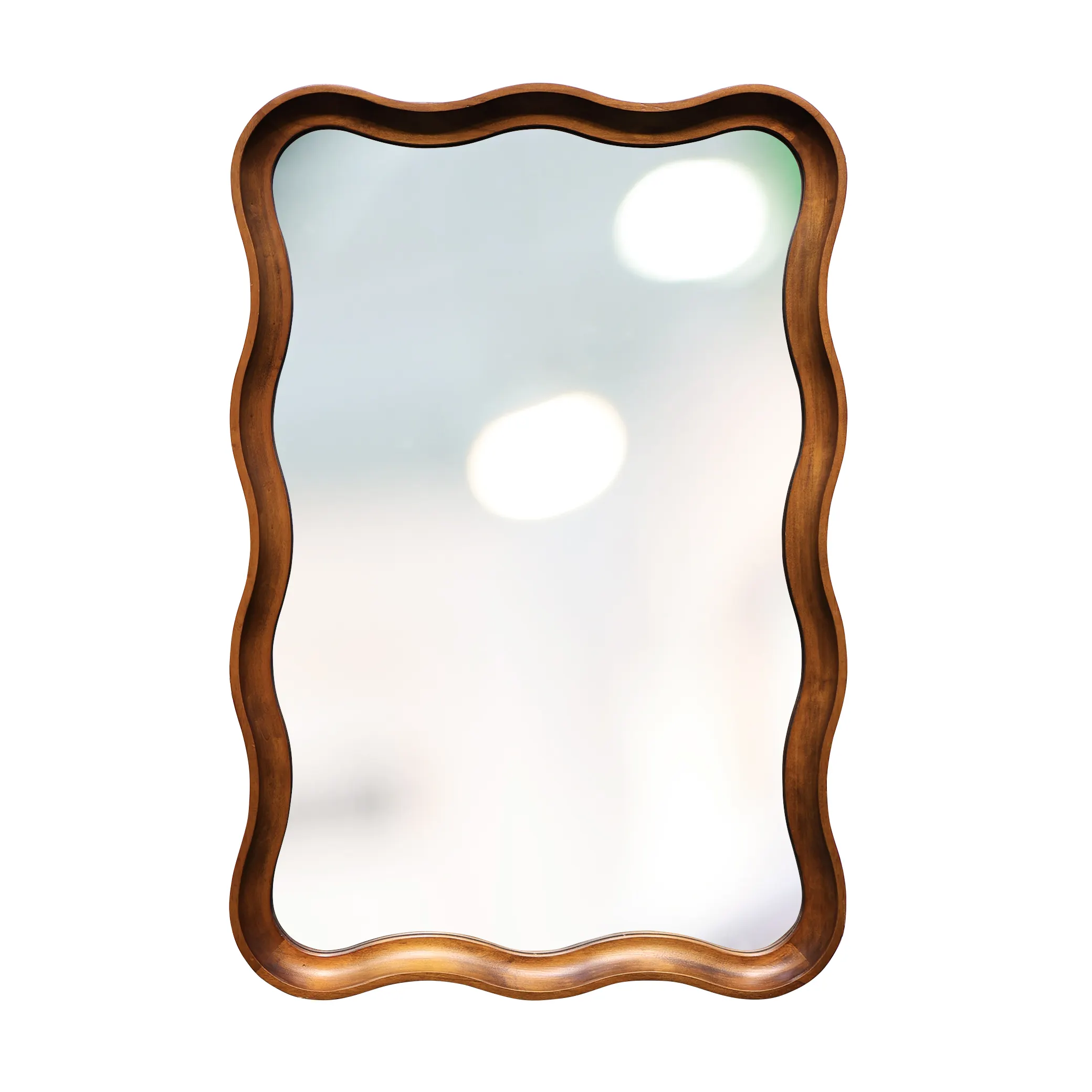 Custom Wall Brown Wooden Frame long Irregular Curved Squiggle Wave Shape Dressing Mirrors | Large ripple Coquille Wavy Mirror