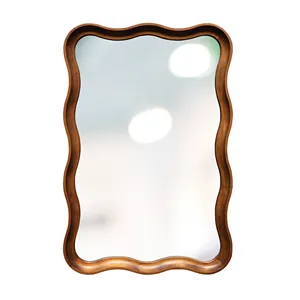 Espelho de cachos ondulado longo com moldura de madeira marrom para parede personalizada | Espelho ondulado grande ondulado