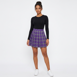 Vestido Midi Plisado a Cuadros Morado para Mujer, Cintura Alta, Corte en A, Tejido de Poliéster de 240g, Transpirable, Corte Regular, para Todas las Temporadas - Product Image 3