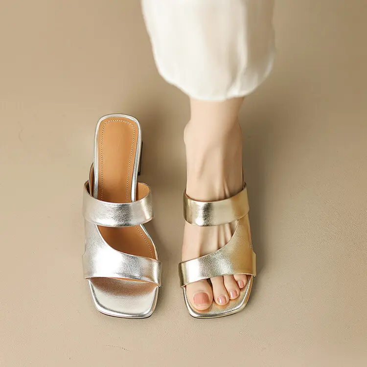 New gold and silver cowhide ladies summer luxury comfortable thick heel fashion open toe sandals