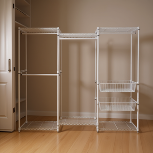 Système d'organisation de placard blanc avec paniers coulissants, étagère de rangement pour vêtements en métal à trois niveaux, design minimaliste, sur pied - Product Image 2