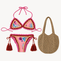 Ensemble de maillots de bain pour femmes 2 pièces et sac de plage, bikini triangle en crochet bohème, vêtements de plage