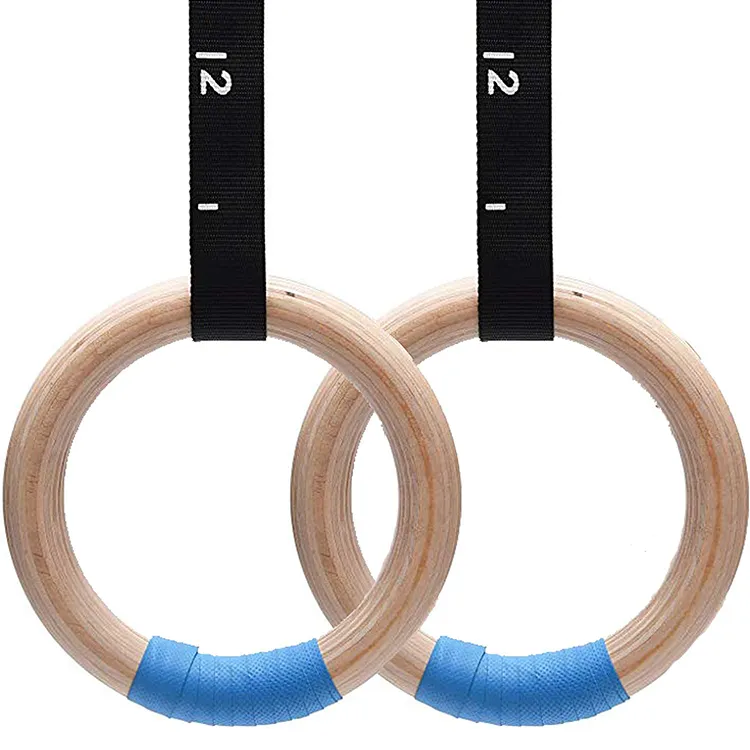 Professional Fitness Customized Wooden Gymnastic Equipment Ring with Nylon Straps