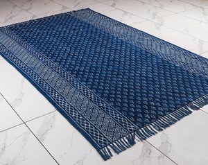 Indigo Block Print Cotton Kilim <b>Rug</b> Hand Woven <b>Boho</b> Floor Carpet 5x8 6x9 8x10 9x12 Home Decor - Product Image 6