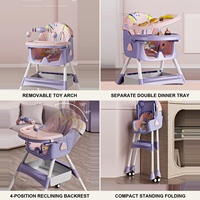 Économisez de l'espace 3 en 1 Chaise haute pliante pour bébé avec dossier réglable et plateau à jouets