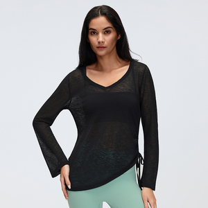 <span class=keywords><strong>Camiseta</strong></span> de yoga transparente de manga larga para mujer, cuello en V, cintura con cordón, ajuste holgado, para fitness y entrenamiento - Product Image 5