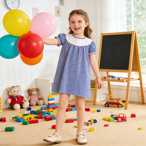 Robe à carreaux bleue pour filles avec col Peter Pan blanc, manches courtes à volants, robe décontractée d'été pour enfants - Product Image 5