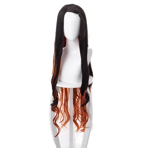 Anime iblis avcısı Kimetsu hiçbir Yaiba Kamado Nezuko peruk kadın turuncu vurgulamak uzun küçük dalga kimyasal elyaf peruk