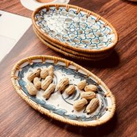 Panier à collation ovale en rotin tressé, style rétro et luxe léger, support de rangement pour assiettes, panier à fruits et desserts tressé, style Instagram