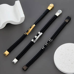Custom 316l Stainless Steel <b>Men</b> Bracelet Engrave 14k 18k Gold Plated Fashion Multi-layer Leather Braided Bracelet for <b>Men</b> - Product Image 3