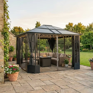 Gazebo de Aluminio de Doble Techo Resistente con Cortina de Privacidad y Malla Protectora, Pabellón para Patio Exterior LC07, Resistente a Tifones - Product Image 1
