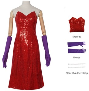Abito Cosplay di <span class=keywords><strong>Jessica</strong></span> da 'Chi ha accusato Roger Rabbit?' con Spacco Alto, Vestito Rosso con Paillettes e Guanti Viola, Costume per Halloween - Product Image 5