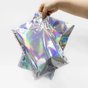 Custom Logo Glossy Rainbow Metallic Aluminum Foil Clothing Holographic Laser Poly Mailers Shipping Mailing Bag