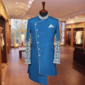 Bộ Đồ Sherwani Đám Cưới Màu Xanh Dương Cho Nam Thêu Màu Bạc Hoàng Tử Đông Dương