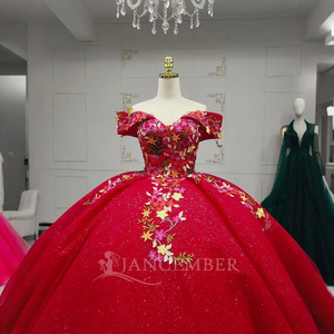 Jancember ANY19 Vestido de noche tradicional rojo ostentoso con hombros descubiertos Empire Puffy Ball - Product Image 4