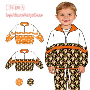 Survêtement pour tout-petits 2 pièces en soie de lait, avec logo à motif personnalisé, demi-zip et blocs de couleur, pour le sport des enfants - Product Image 2