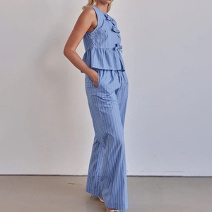 Nouvel Arrivage Ensemble en Lin de Haute Qualité : Crop Top Décontracté Sans Manches et Pantalon Large en Lin Rayé Taille Basse Extensible OOTD - Product Image 3
