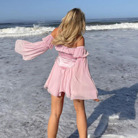 Robe mini d'été sexy à épaules dénudées, manches longues bouffantes, volants, corset à baleines et taille cintrée, personnalisation OEM prise en charge